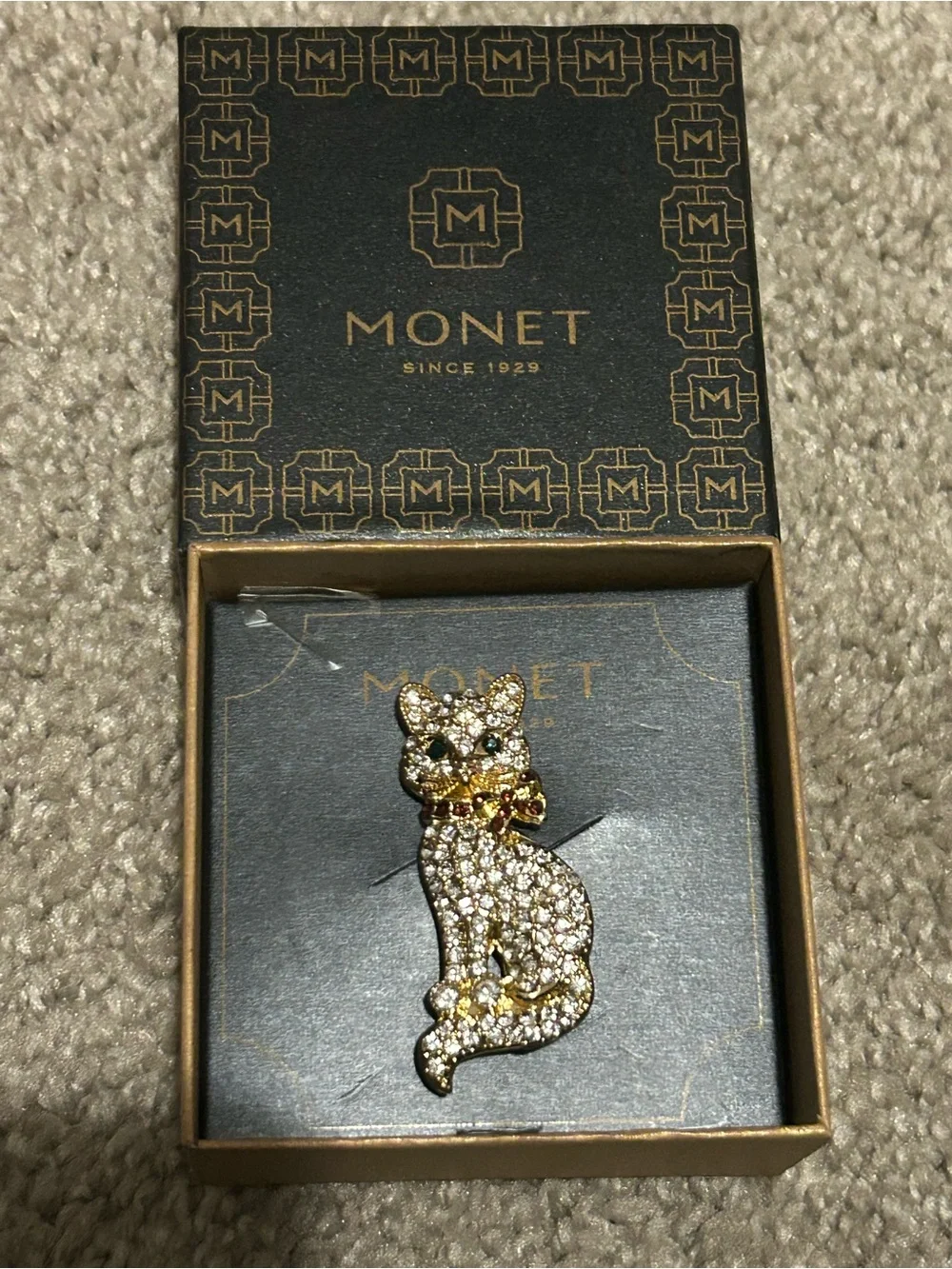 Monet Gold-tone Cat Brooch with Clear Crystals